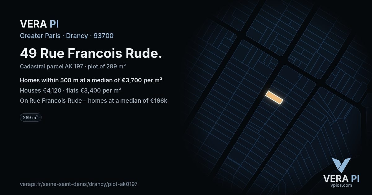 49 Rue Francois Rude, Drancy at night – the plot lit, the parcels around coloured by the prices near them