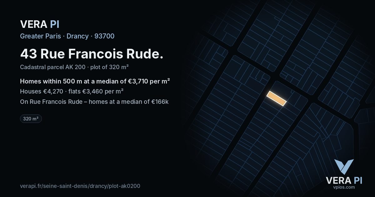 43 Rue Francois Rude, Drancy at night – the plot lit, the parcels around coloured by the prices near them
