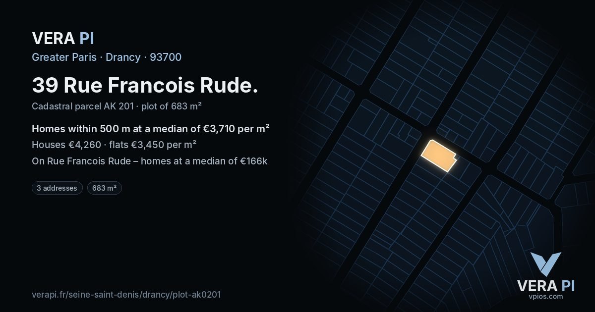 39 Rue Francois Rude, Drancy at night – the plot lit, the parcels around coloured by the prices near them
