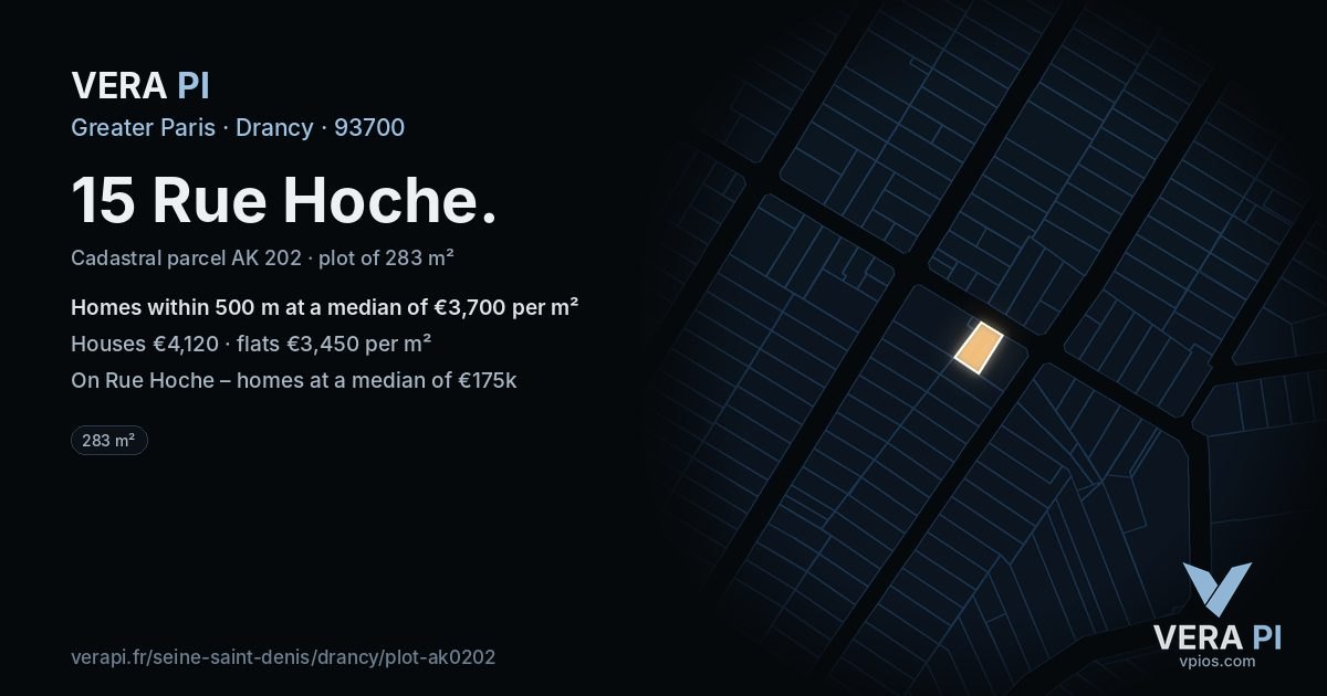 15 Rue Hoche, Drancy at night – the plot lit, the parcels around coloured by the prices near them