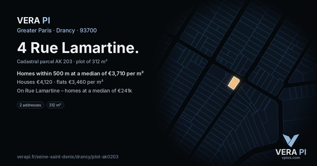4 Rue Lamartine, Drancy at night – the plot lit, the parcels around coloured by the prices near them