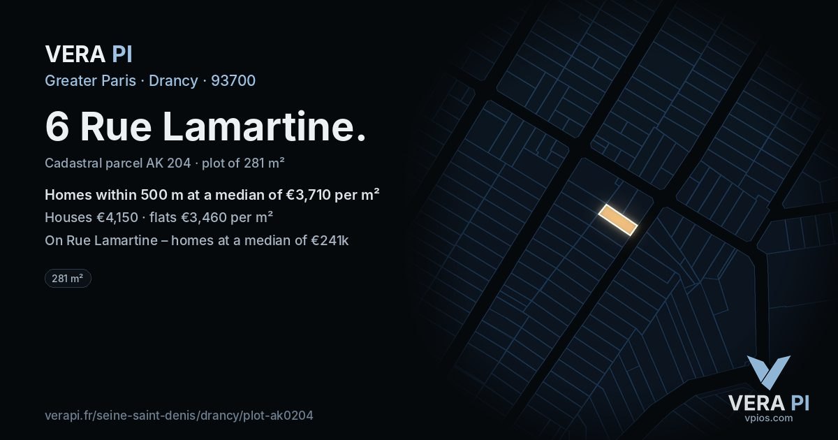 6 Rue Lamartine, Drancy at night – the plot lit, the parcels around coloured by the prices near them