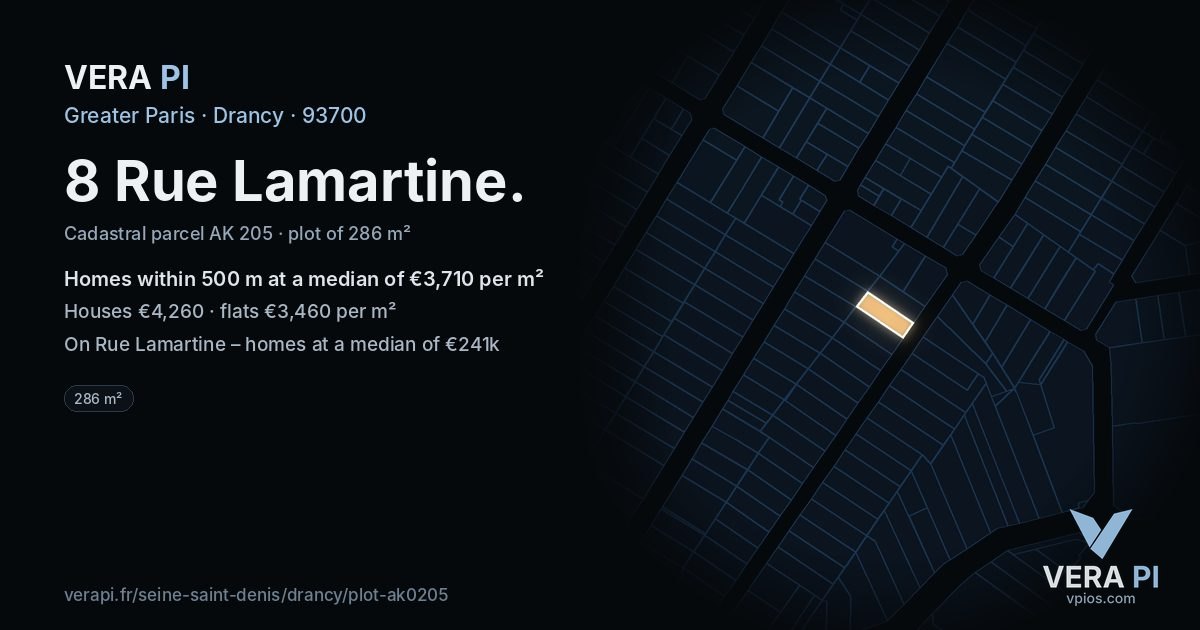 8 Rue Lamartine, Drancy at night – the plot lit, the parcels around coloured by the prices near them