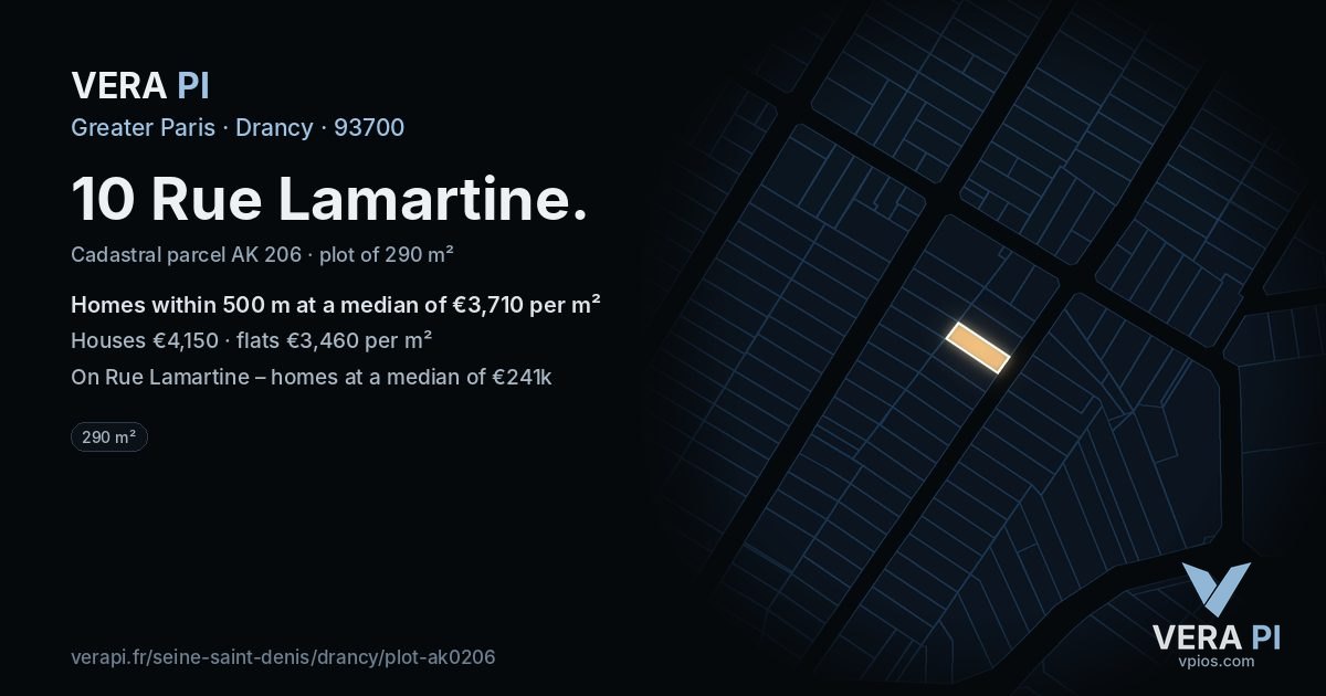 10 Rue Lamartine, Drancy at night – the plot lit, the parcels around coloured by the prices near them