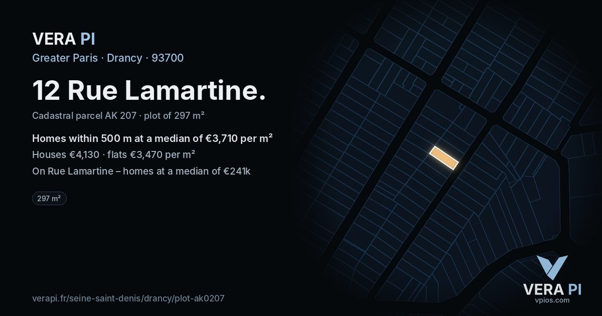 12 Rue Lamartine, Drancy at night – the plot lit, the parcels around coloured by the prices near them