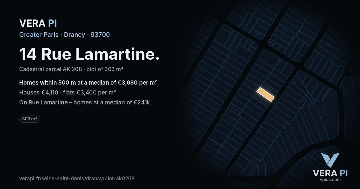 14 Rue Lamartine, Drancy at night – the plot lit, the parcels around coloured by the prices near them