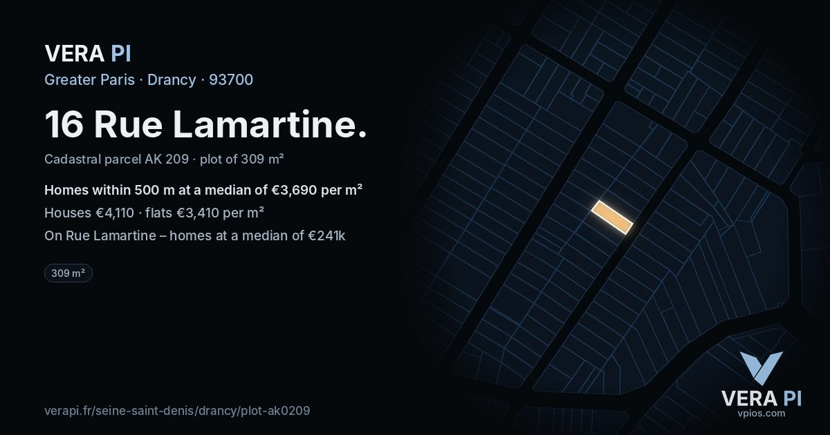 16 Rue Lamartine, Drancy at night – the plot lit, the parcels around coloured by the prices near them