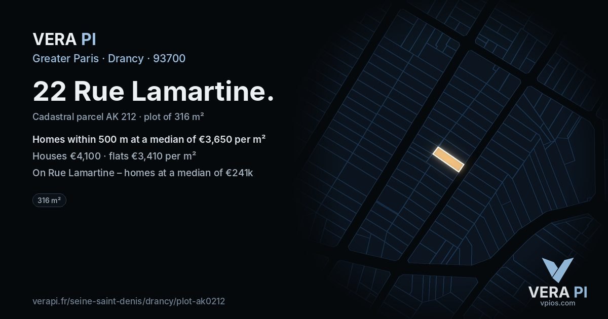 22 Rue Lamartine, Drancy at night – the plot lit, the parcels around coloured by the prices near them
