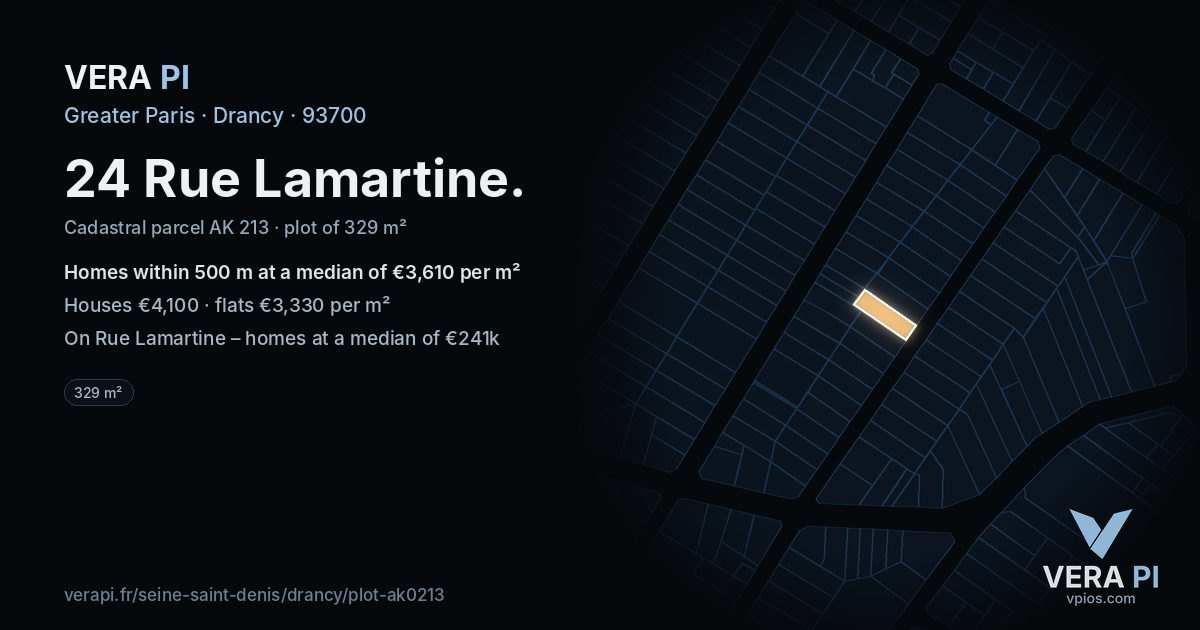 24 Rue Lamartine, Drancy at night – the plot lit, the parcels around coloured by the prices near them