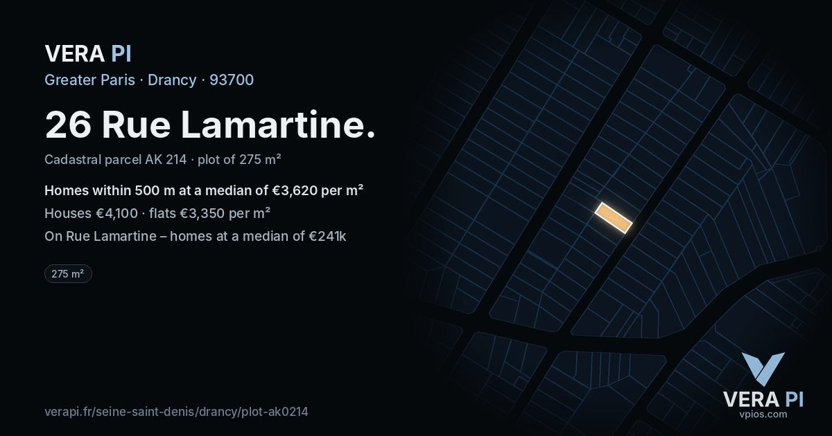 26 Rue Lamartine, Drancy at night – the plot lit, the parcels around coloured by the prices near them