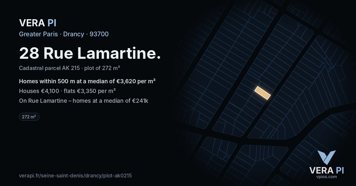 28 Rue Lamartine, Drancy at night – the plot lit, the parcels around coloured by the prices near them