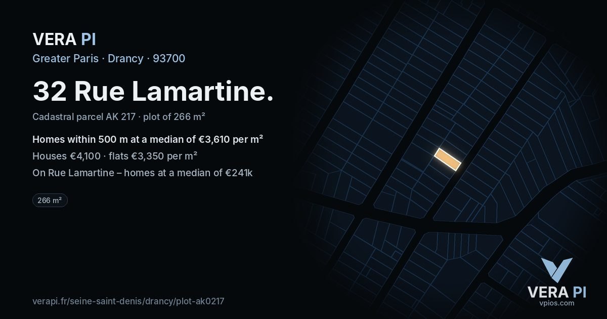 32 Rue Lamartine, Drancy at night – the plot lit, the parcels around coloured by the prices near them