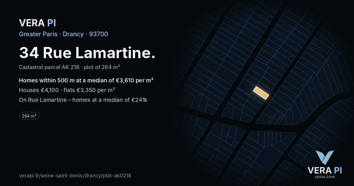 34 Rue Lamartine, Drancy at night – the plot lit, the parcels around coloured by the prices near them