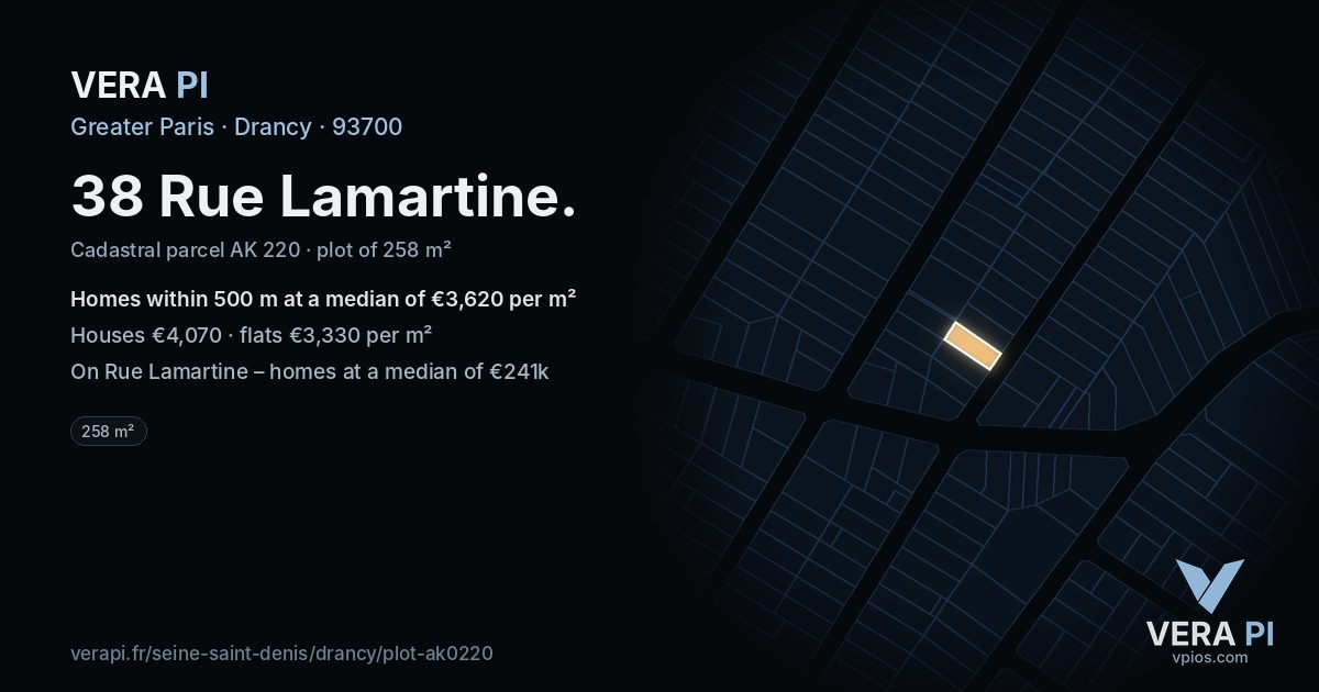 38 Rue Lamartine, Drancy at night – the plot lit, the parcels around coloured by the prices near them