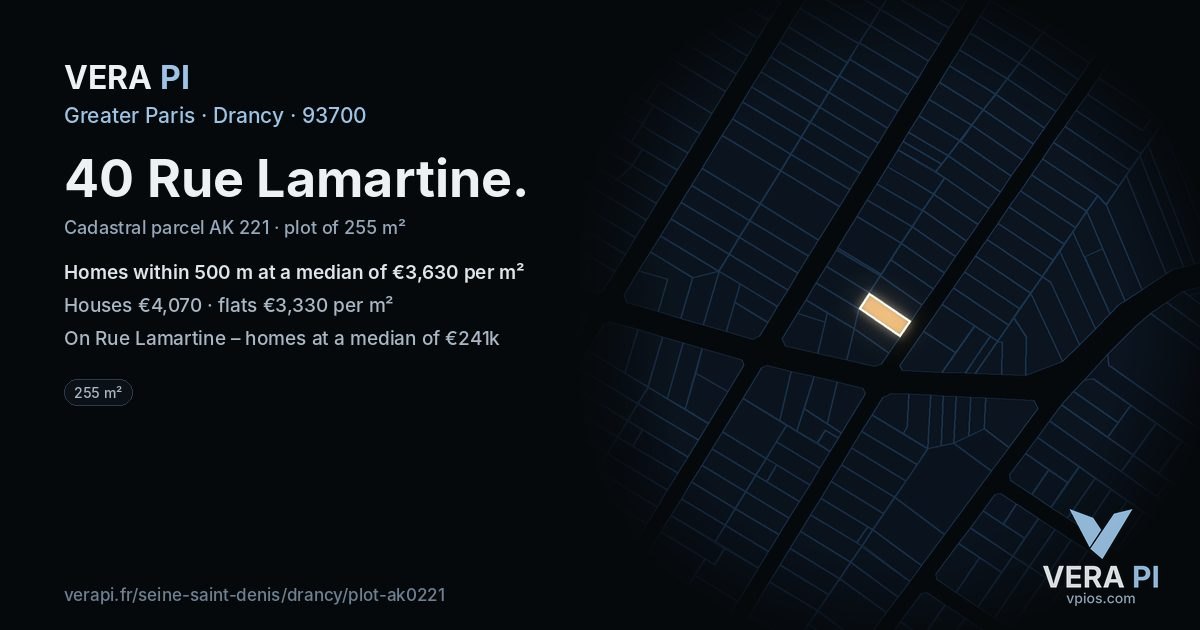 40 Rue Lamartine, Drancy at night – the plot lit, the parcels around coloured by the prices near them