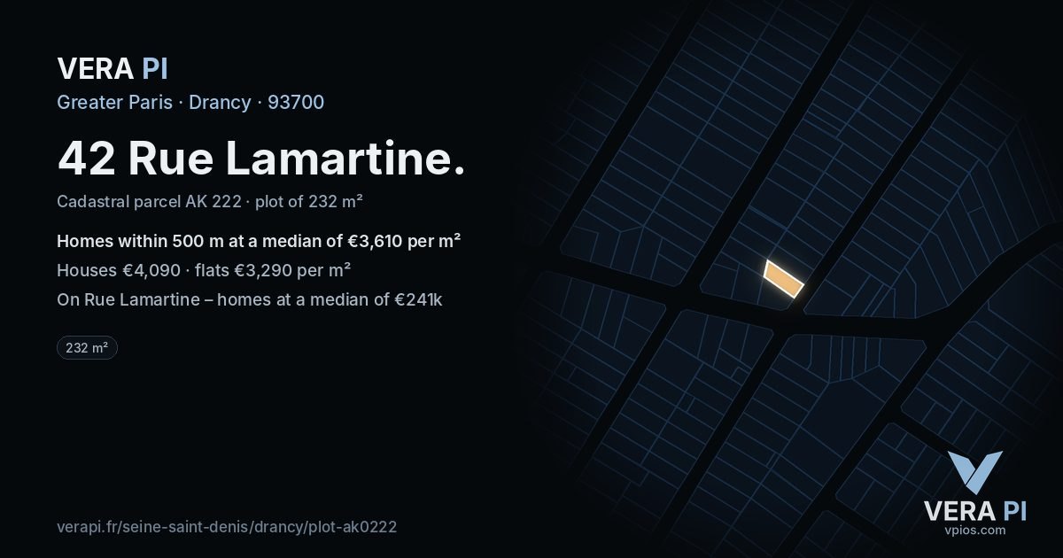 42 Rue Lamartine, Drancy at night – the plot lit, the parcels around coloured by the prices near them