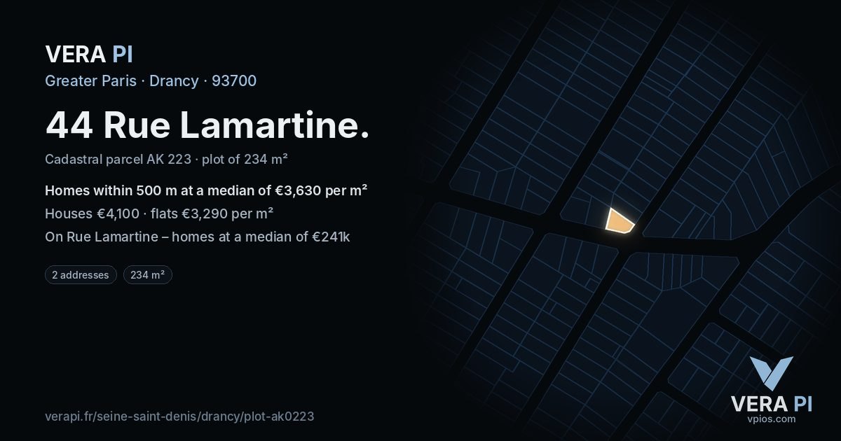 44 Rue Lamartine, Drancy at night – the plot lit, the parcels around coloured by the prices near them