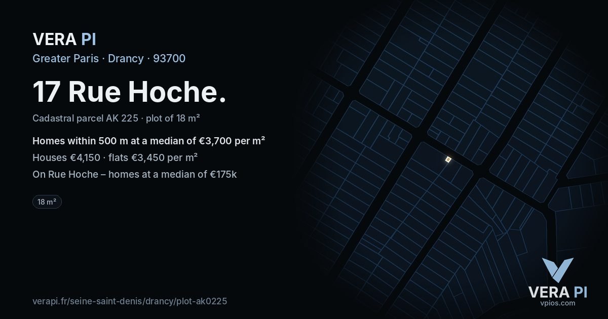 17 Rue Hoche, Drancy at night – the plot lit, the parcels around coloured by the prices near them