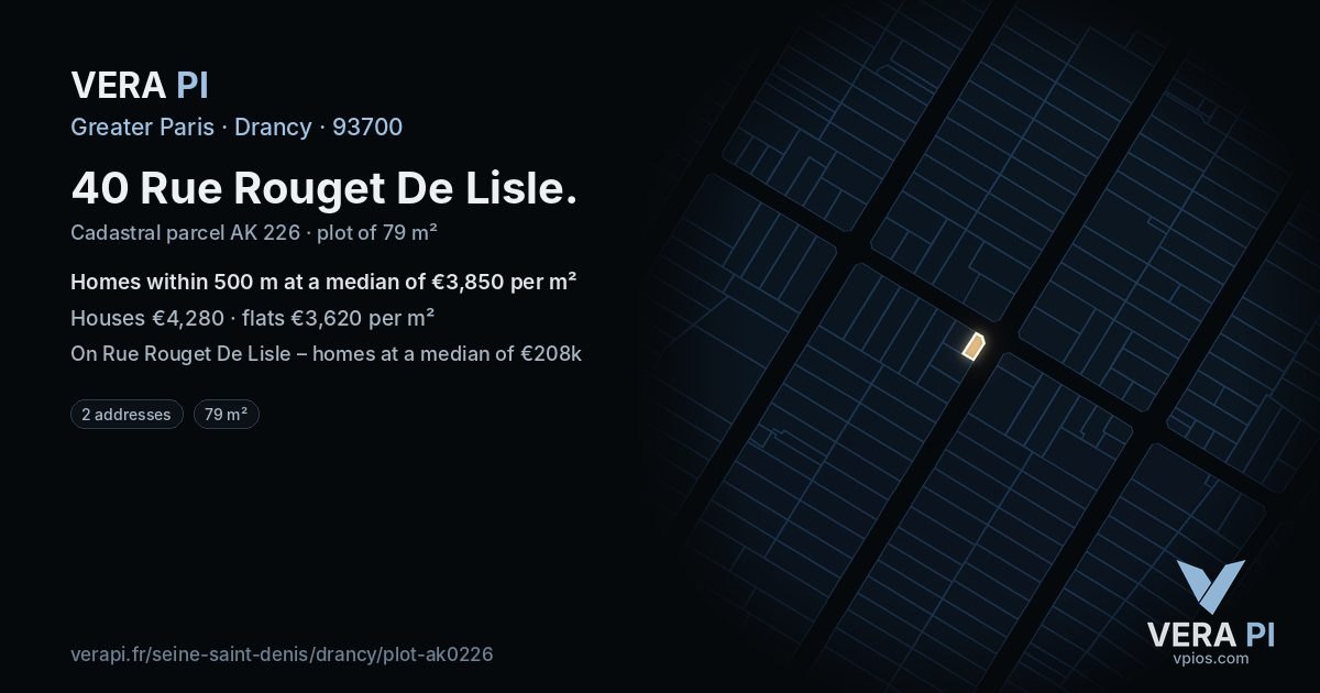 40 Rue Rouget De Lisle, Drancy at night – the plot lit, the parcels around coloured by the prices near them