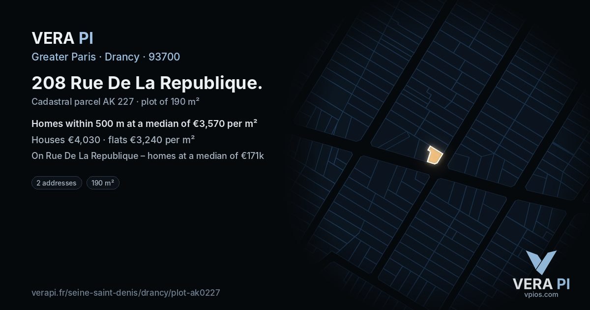 208 Rue De La Republique, Drancy at night – the plot lit, the parcels around coloured by the prices near them