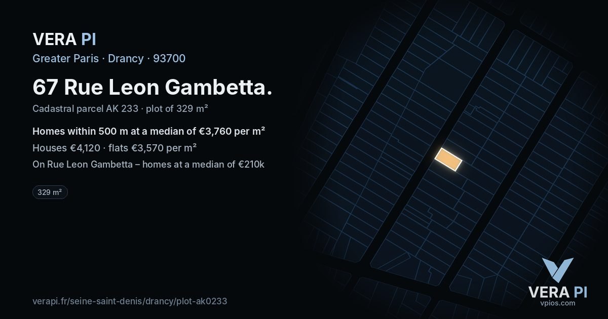 67 Rue Leon Gambetta, Drancy at night – the plot lit, the parcels around coloured by the prices near them