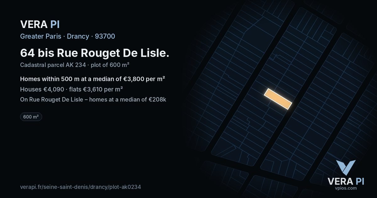 64 bis Rue Rouget De Lisle, Drancy at night – the plot lit, the parcels around coloured by the prices near them