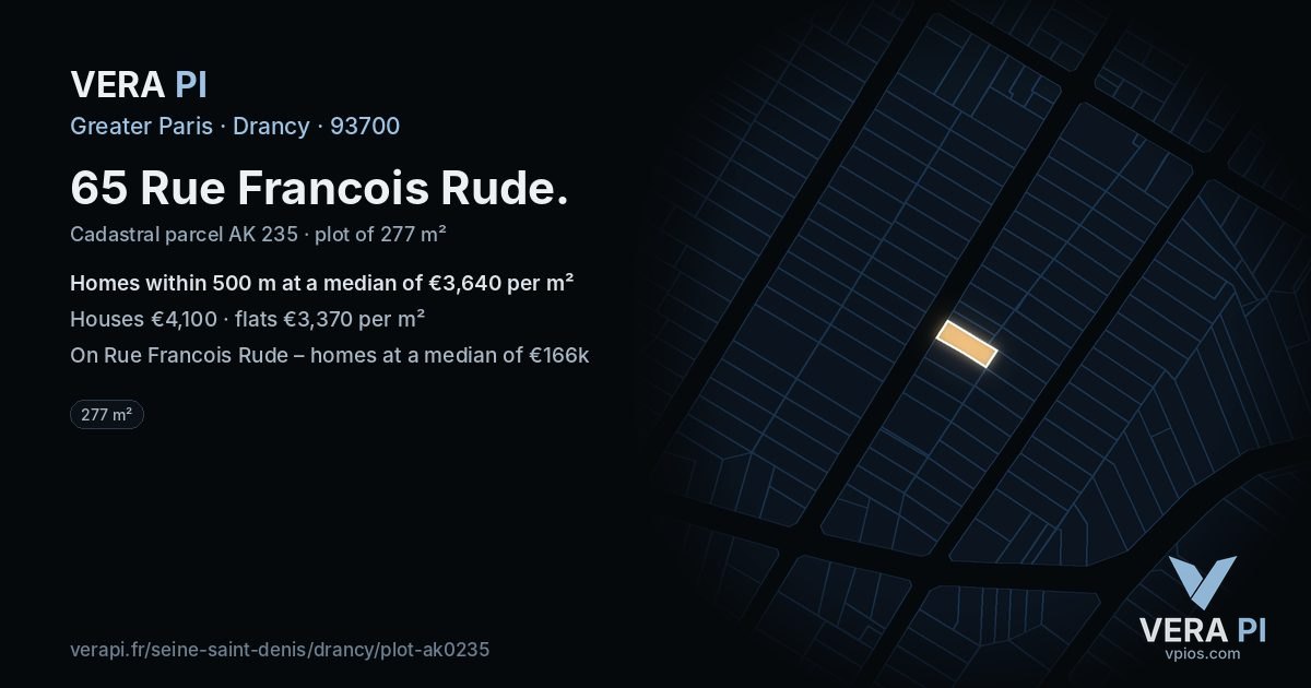 65 Rue Francois Rude, Drancy at night – the plot lit, the parcels around coloured by the prices near them
