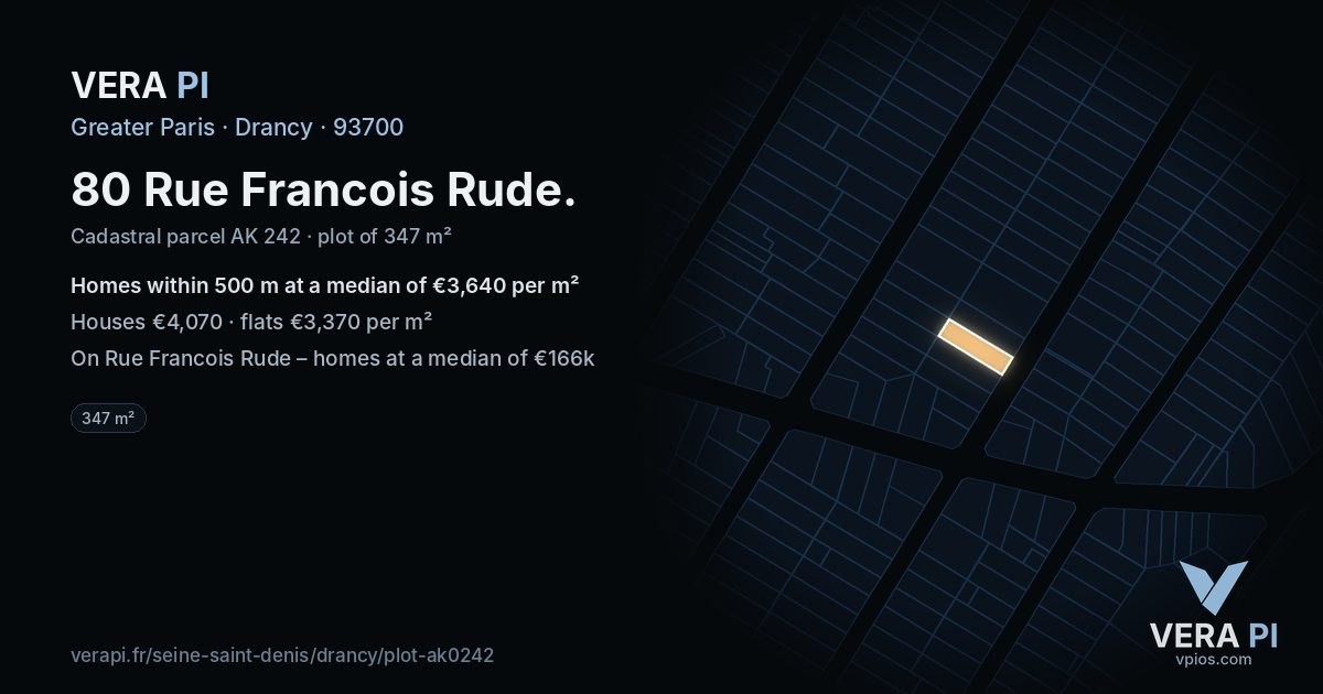 80 Rue Francois Rude, Drancy at night – the plot lit, the parcels around coloured by the prices near them
