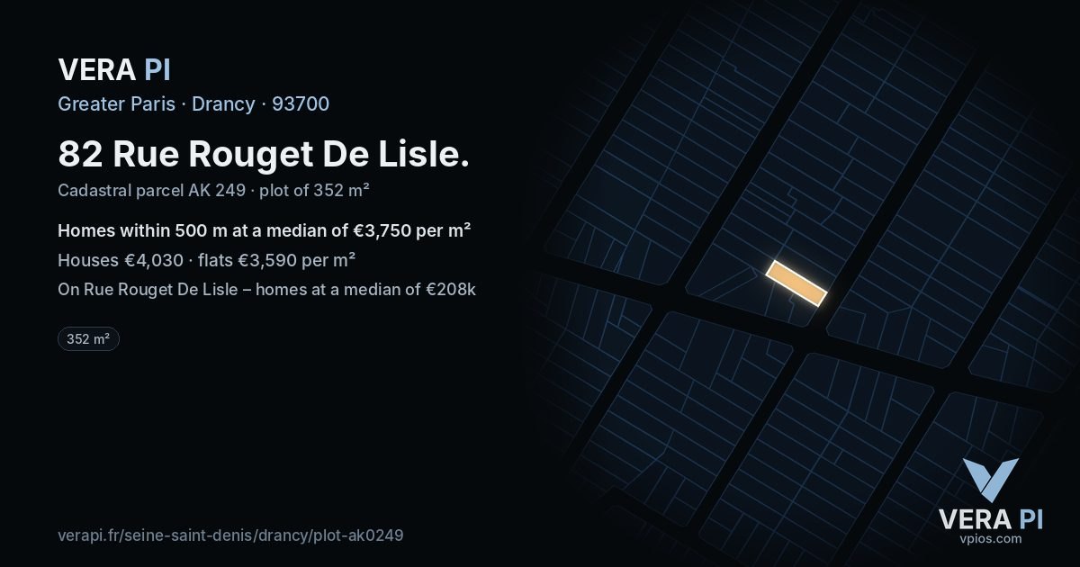 82 Rue Rouget De Lisle, Drancy at night – the plot lit, the parcels around coloured by the prices near them
