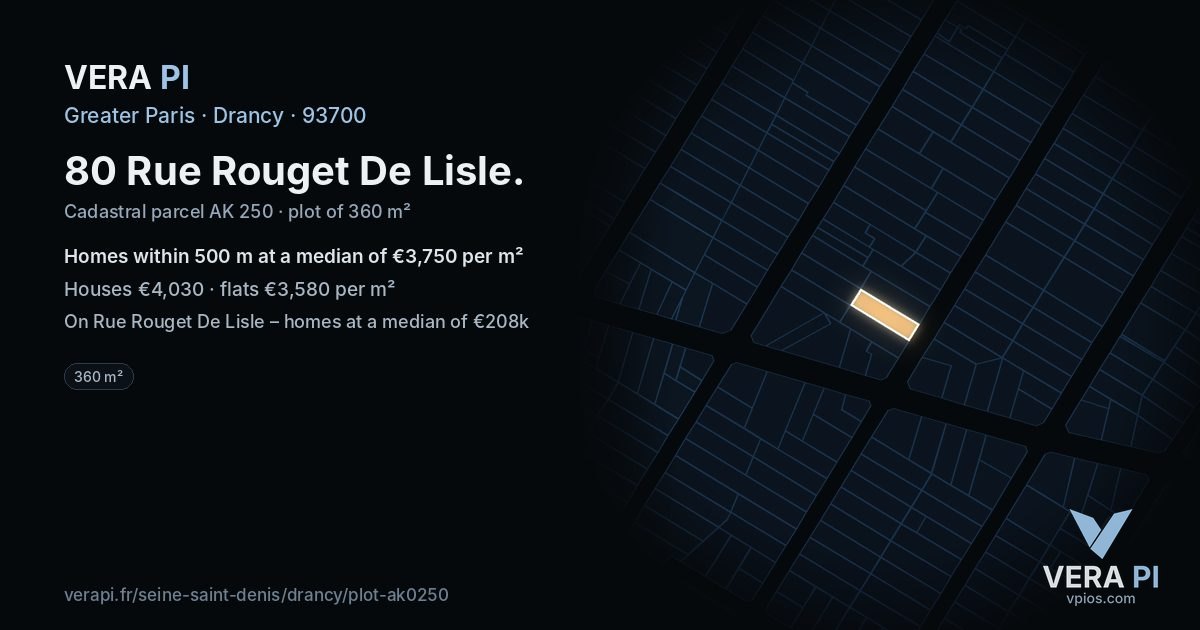 80 Rue Rouget De Lisle, Drancy at night – the plot lit, the parcels around coloured by the prices near them