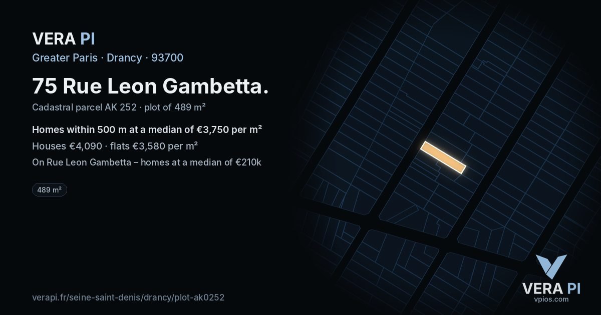 75 Rue Leon Gambetta, Drancy at night – the plot lit, the parcels around coloured by the prices near them