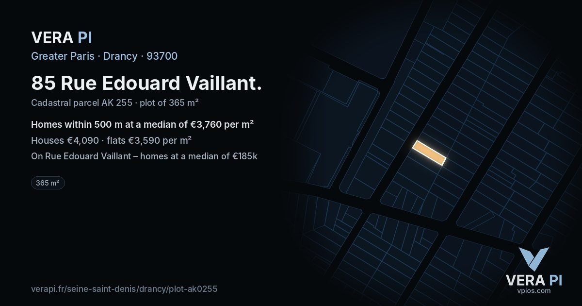 85 Rue Edouard Vaillant, Drancy at night – the plot lit, the parcels around coloured by the prices near them