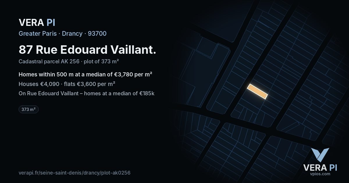87 Rue Edouard Vaillant, Drancy at night – the plot lit, the parcels around coloured by the prices near them