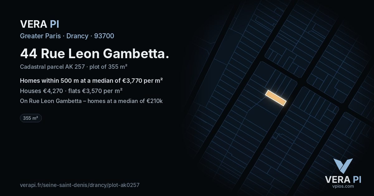 44 Rue Leon Gambetta, Drancy at night – the plot lit, the parcels around coloured by the prices near them