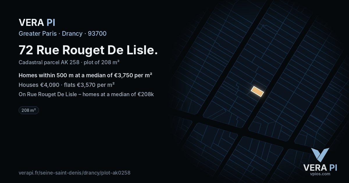 72 Rue Rouget De Lisle, Drancy at night – the plot lit, the parcels around coloured by the prices near them