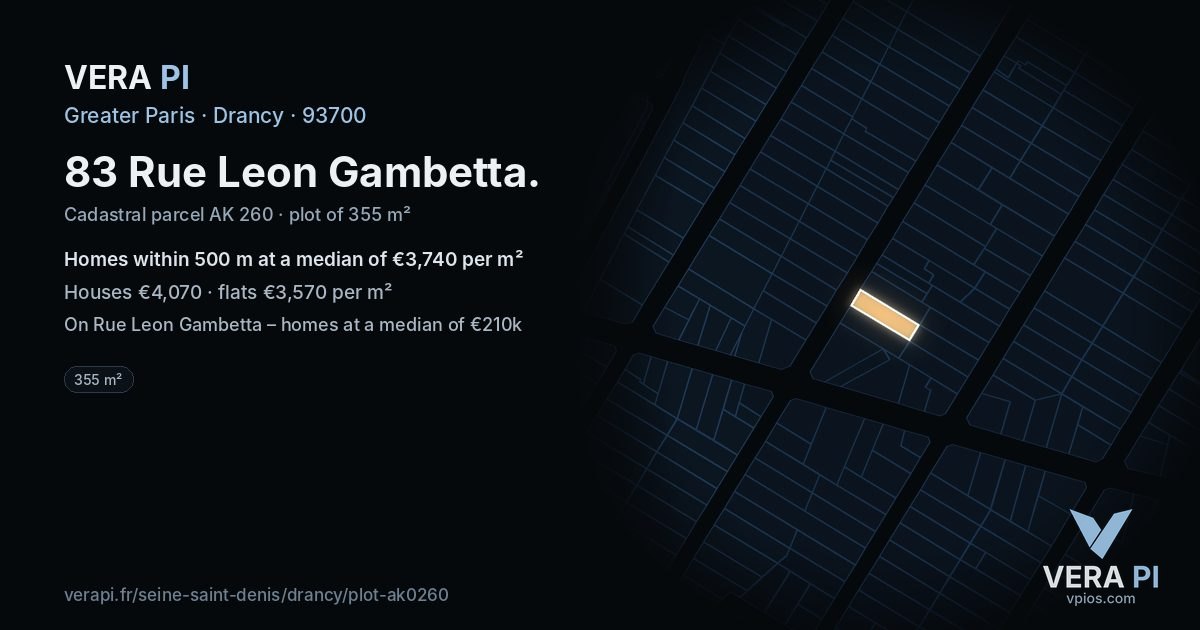 83 Rue Leon Gambetta, Drancy at night – the plot lit, the parcels around coloured by the prices near them