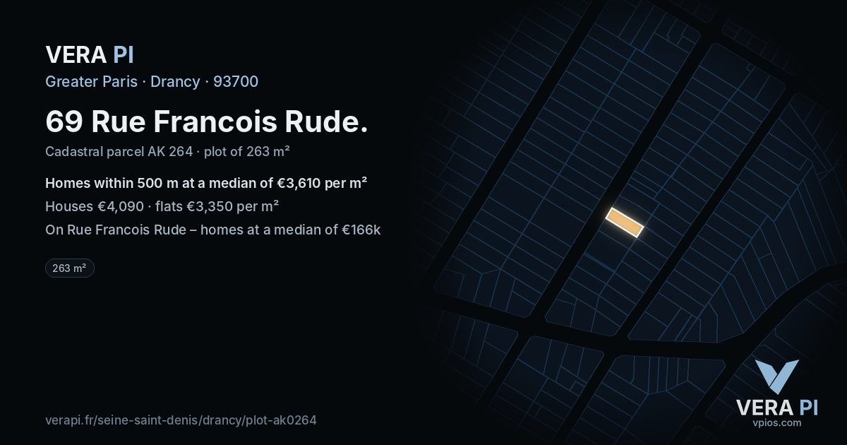 69 Rue Francois Rude, Drancy at night – the plot lit, the parcels around coloured by the prices near them