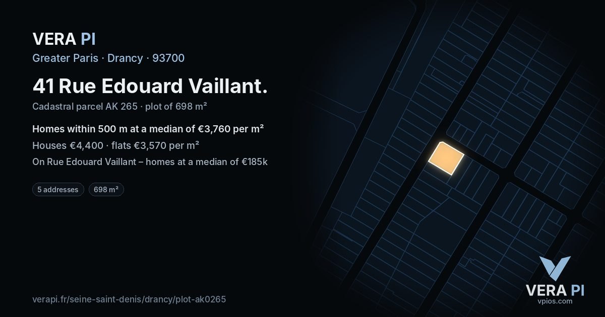 41 Rue Edouard Vaillant, Drancy at night – the plot lit, the parcels around coloured by the prices near them
