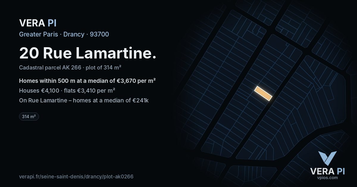 20 Rue Lamartine, Drancy at night – the plot lit, the parcels around coloured by the prices near them