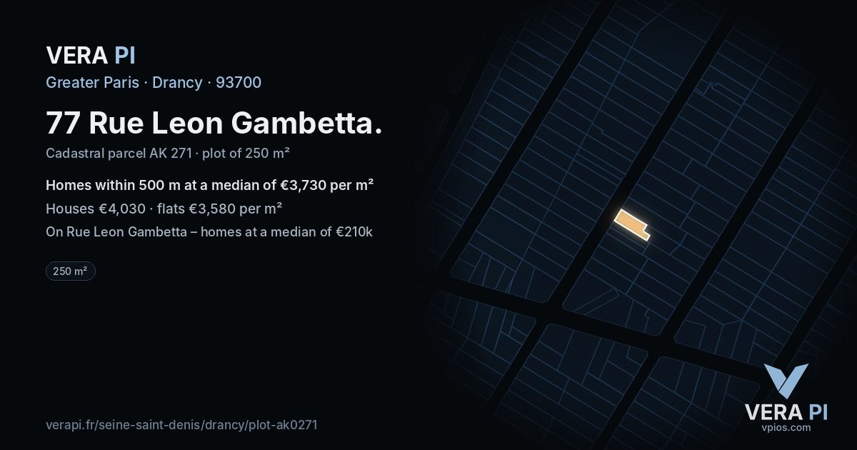 77 Rue Leon Gambetta, Drancy at night – the plot lit, the parcels around coloured by the prices near them