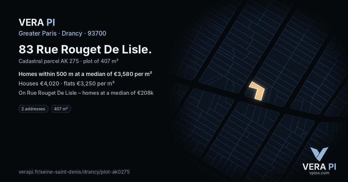 83 Rue Rouget De Lisle, Drancy at night – the plot lit, the parcels around coloured by the prices near them