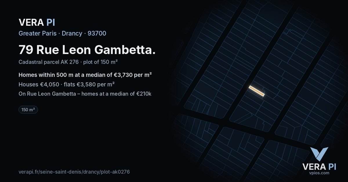 79 Rue Leon Gambetta, Drancy at night – the plot lit, the parcels around coloured by the prices near them