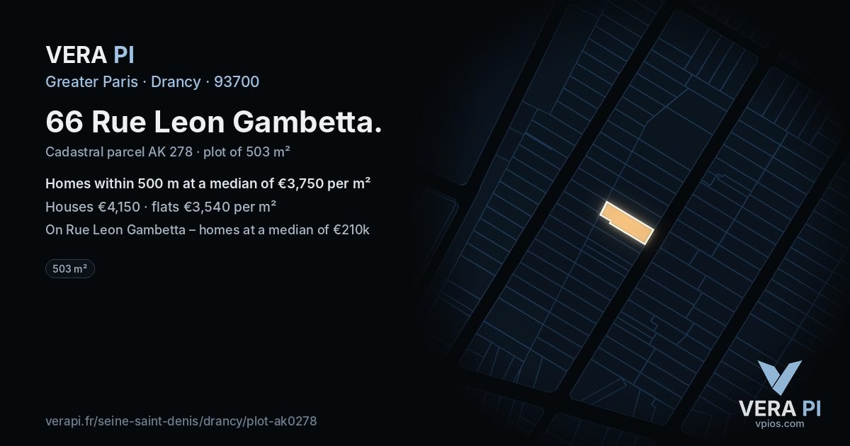 66 Rue Leon Gambetta, Drancy at night – the plot lit, the parcels around coloured by the prices near them