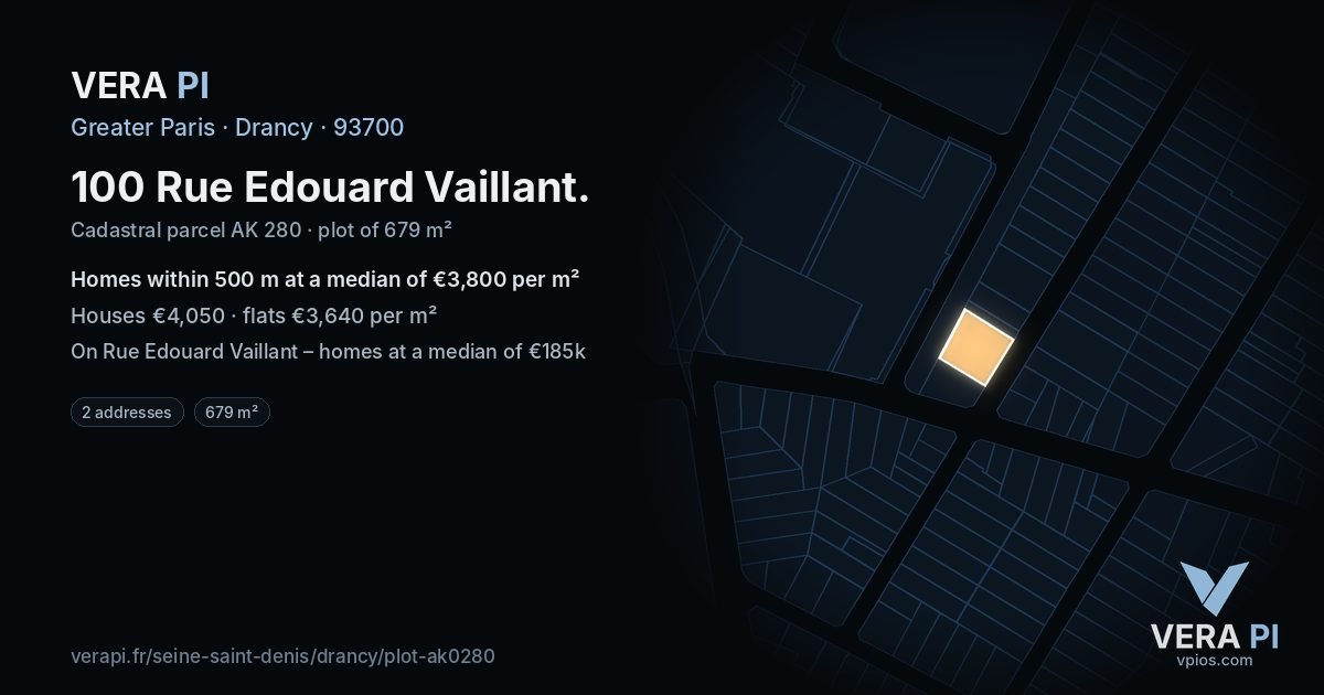 100 Rue Edouard Vaillant, Drancy at night – the plot lit, the parcels around coloured by the prices near them