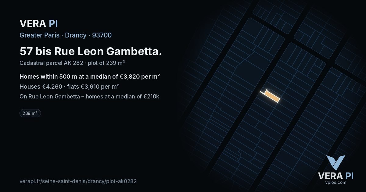 57 bis Rue Leon Gambetta, Drancy at night – the plot lit, the parcels around coloured by the prices near them