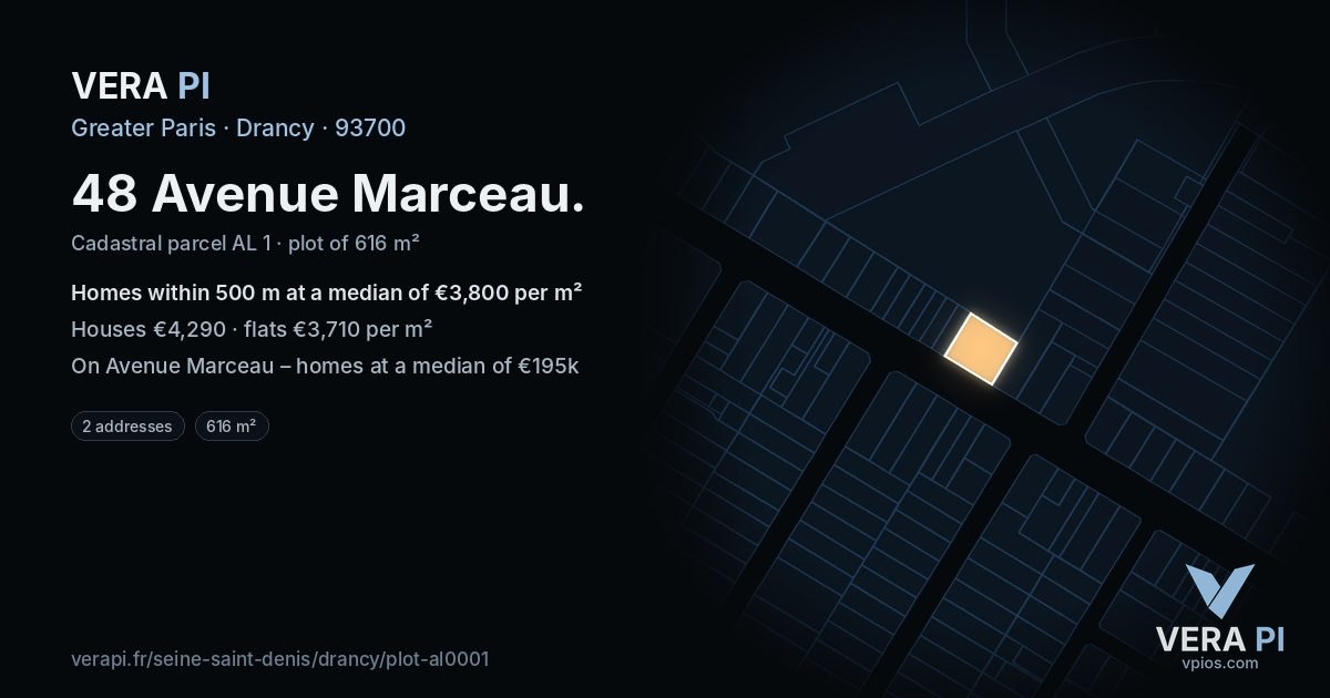 48 Avenue Marceau, Drancy at night – the plot lit, the parcels around coloured by the prices near them