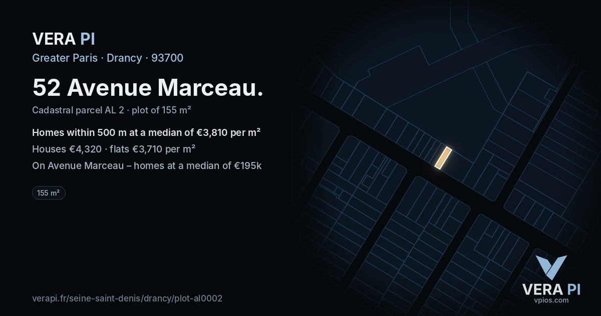 52 Avenue Marceau, Drancy at night – the plot lit, the parcels around coloured by the prices near them
