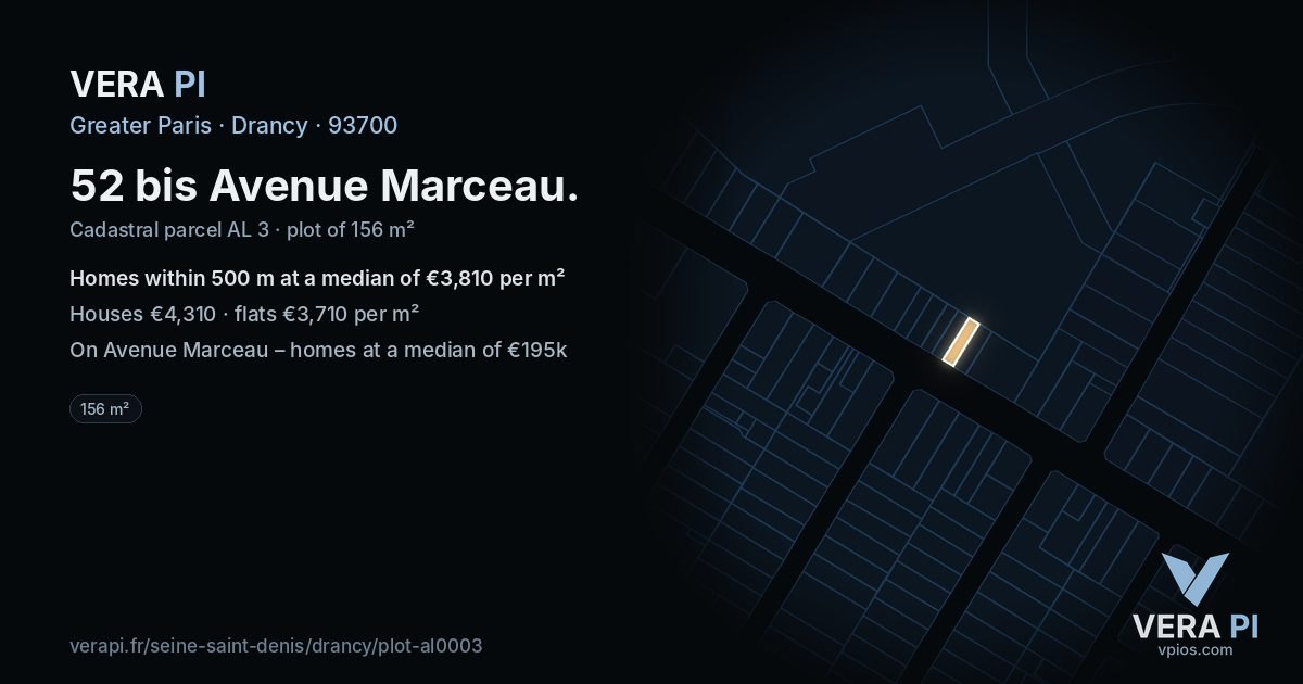 52 bis Avenue Marceau, Drancy at night – the plot lit, the parcels around coloured by the prices near them
