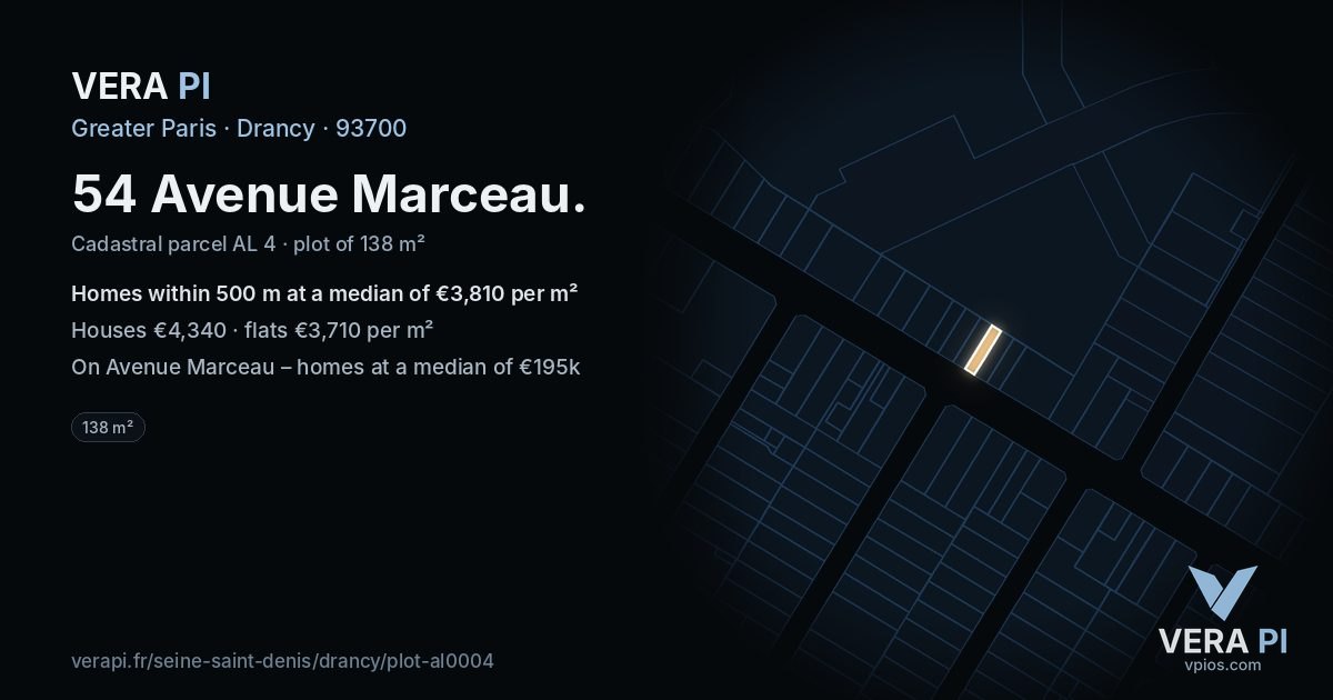 54 Avenue Marceau, Drancy at night – the plot lit, the parcels around coloured by the prices near them