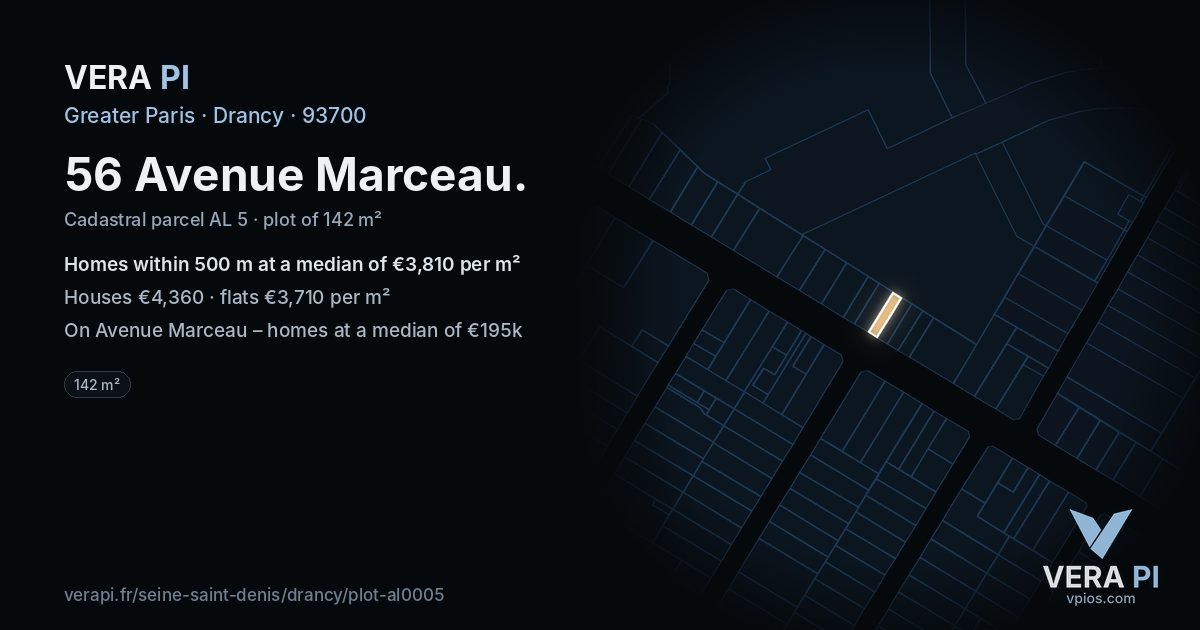 56 Avenue Marceau, Drancy at night – the plot lit, the parcels around coloured by the prices near them
